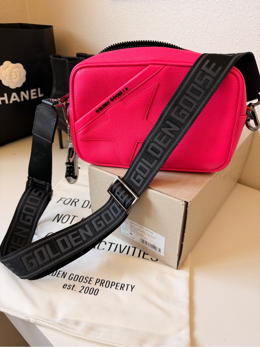 Golden Goose Hot Pink Leather Star Crossbody with Branded Black Strap